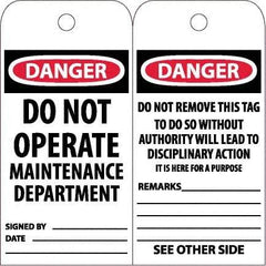 NMC - 6" High x 3" Long, DANGER - DO NOT OPERATE - MAINTENANCE DEPARTMENT, English Safety & Facility Accident Prevention Tag - Tag Header: Danger, 2 Sides, White Unrippable Vinyl - USA Tool & Supply