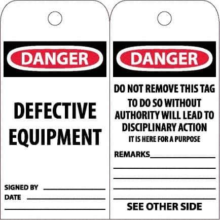 NMC - 6" High x 3" Long, DANGER - DEFECTIVE EQUIPMENT, English Safety & Facility Accident Prevention Tag - Tag Header: Danger, 2 Sides, White Unrippable Vinyl - USA Tool & Supply