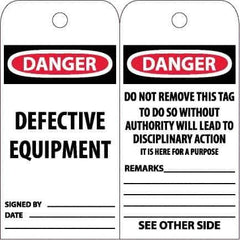 NMC - 6" High x 3" Long, DANGER - DEFECTIVE EQUIPMENT, English Safety & Facility Accident Prevention Tag - Tag Header: Danger, 2 Sides, White Unrippable Vinyl - USA Tool & Supply