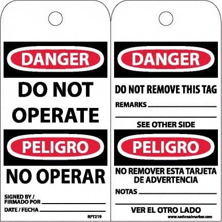 NMC - 6" High x 3" Long, DANGER - DO NOT OPERATE, English & Spanish Safety & Facility Accident Prevention Tag - Tag Header: Danger, 2 Sides, White Unrippable Vinyl - USA Tool & Supply