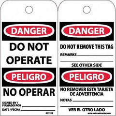 NMC - 6" High x 3" Long, DANGER - DO NOT OPERATE, English & Spanish Safety & Facility Accident Prevention Tag - Tag Header: Danger, 2 Sides, White Unrippable Vinyl - USA Tool & Supply