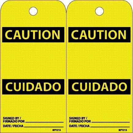 NMC - 6" High x 3" Long, CAUTION, English & Spanish Safety & Facility Accident Prevention Tag - Tag Header: CAUTION, 2 Sides, White Unrippable Vinyl - USA Tool & Supply