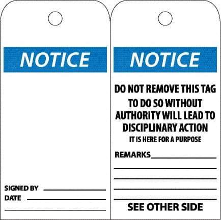 NMC - 6" High x 3" Long, Notice, English Safety & Facility Accident Prevention Tag - Tag Header: Notice, 2 Sides, White Poly - USA Tool & Supply