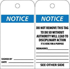 NMC - 6" High x 3" Long, Notice, English Safety & Facility Accident Prevention Tag - Tag Header: Notice, 2 Sides, White Poly - USA Tool & Supply