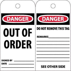 NMC - 6" High x 3" Long, DANGER - OUT OF ORDER, English Safety & Facility Accident Prevention Tag - Tag Header: Danger, 2 Sides, White Poly - USA Tool & Supply