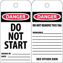 NMC - 6" High x 3" Long, DANGER - DO NOT START, English Safety & Facility Accident Prevention Tag - Tag Header: Danger, 2 Sides, White Poly - USA Tool & Supply