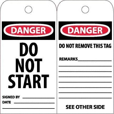 NMC - 6" High x 3" Long, DANGER - DO NOT START, English Safety & Facility Accident Prevention Tag - Tag Header: Danger, 2 Sides, White Unrippable Vinyl - USA Tool & Supply