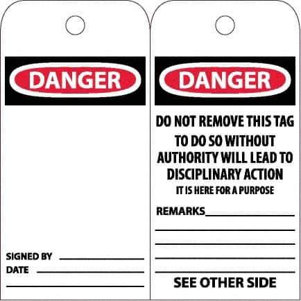 NMC - 6" High x 3" Long, DANGER, English Safety & Facility Accident Prevention Tag - Tag Header: Danger, 2 Sides, White Poly - USA Tool & Supply