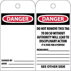 NMC - 6" High x 3" Long, DANGER, English Safety & Facility Accident Prevention Tag - Tag Header: Danger, 2 Sides, White Poly - USA Tool & Supply
