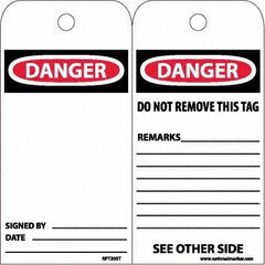 NMC - 6" High x 3" Long, DANGER, English Safety & Facility Accident Prevention Tag - Tag Header: Danger, 2 Sides, White Poly - USA Tool & Supply