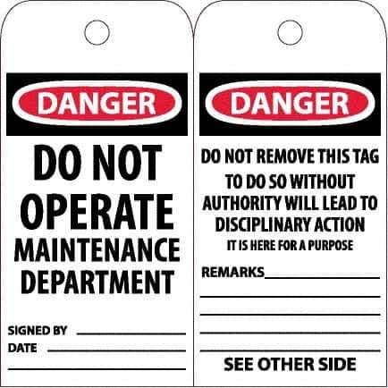 NMC - 6" High x 3" Long, DANGER - DO NOT OPERATE - MAINTENANCE DEPARTMENT, English Safety & Facility Accident Prevention Tag - Tag Header: Danger, 2 Sides, White Poly - USA Tool & Supply