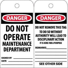 NMC - 6" High x 3" Long, DANGER - DO NOT OPERATE - MAINTENANCE DEPARTMENT, English Safety & Facility Accident Prevention Tag - Tag Header: Danger, 2 Sides, White Poly - USA Tool & Supply