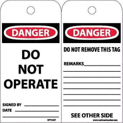 NMC - 6" High x 3" Long, DANGER - DO NOT OPERATE, English Safety & Facility Accident Prevention Tag - Tag Header: Danger, 2 Sides, White Poly - USA Tool & Supply
