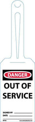 NMC - 11-1/4" High x 3-1/4" Long, Danger - Out of Service, English Safety & Facility Tag - Tag Header: Danger, 1 Side, White Unrippable Vinyl - USA Tool & Supply