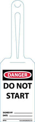 NMC - 11-1/4" High x 3-1/4" Long, DANGER - DO NOT START, English Safety & Facility Tag - Tag Header: Danger, 1 Side, White Unrippable Vinyl - USA Tool & Supply