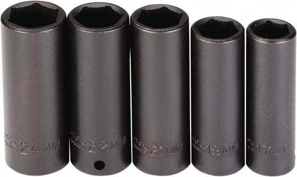 Proto - 5 Piece 1/2" Drive Black Finish Deep Well Socket Set - 6 Points, 17mm to 24mm Range, Metric Measurement Standard - USA Tool & Supply