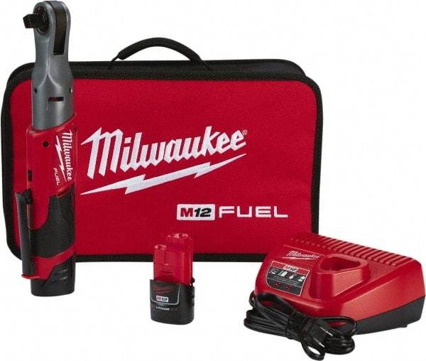 Milwaukee Tool - 1/2" Drive 12 Volt Pistol Grip Cordless Impact Wrench & Ratchet - 175 RPM, 60 Ft/Lb Torque, 2 Lithium-Ion Batteries Included - USA Tool & Supply