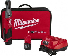 Milwaukee Tool - 3/8" Drive 12 Volt Pistol Grip Cordless Impact Wrench & Ratchet - 200 RPM, 55 Ft/Lb Torque, 2 Lithium-Ion Batteries Included - USA Tool & Supply