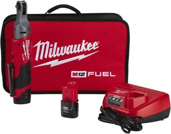 Milwaukee Tool - 1/4" Drive 12 Volt Pistol Grip Cordless Impact Wrench & Ratchet - 250 RPM, 40 Ft/Lb Torque, 2 Lithium-Ion Batteries Included - USA Tool & Supply