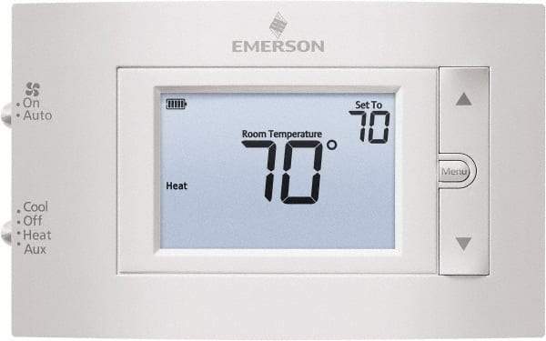 White-Rodgers - 50 to 99°F, 2 Heat, 1 Cool, Digital Nonprogrammable Heat Pump Thermostat - 20 to 30 Volts, 1.77" Inside Depth x 1.77" Inside Height x 5-1/4" Inside Width, Horizontal Mount - USA Tool & Supply