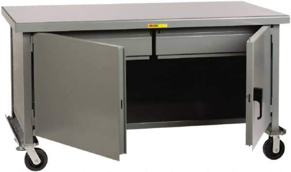 Little Giant - 3,600 Lb Capacity, 2 Shelf, 2 Drawer, 2 Door Mobile Heavy-Duty Workbench Cabinet - 72" Wide x 30" Deep x 37-1/2" High, Steel, Gray - USA Tool & Supply