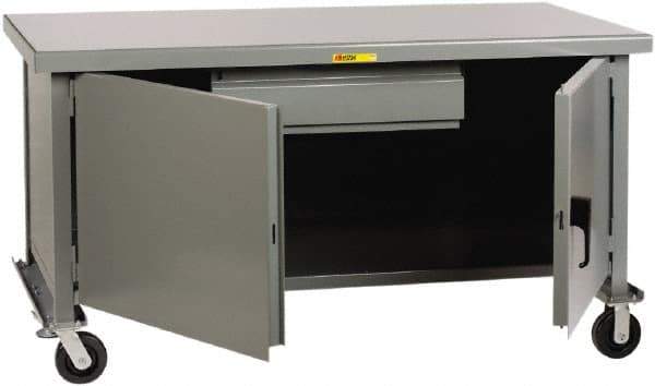 Little Giant - 3,600 Lb Capacity, 2 Shelf, 1 Drawer, 2 Door Mobile Heavy-Duty Workbench Cabinet - 60" Wide x 30" Deep x 37-1/2" High, Steel, Gray - USA Tool & Supply