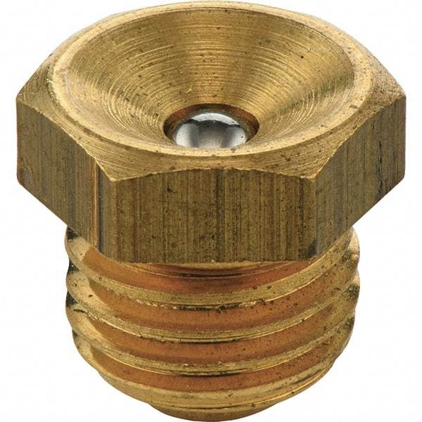 Umeta - Straight Head Angle, M10 Metric Brass Flush-Style Grease Fitting - 12mm Hex, 9.5mm Overall Height, 6.5mm Shank Length - USA Tool & Supply