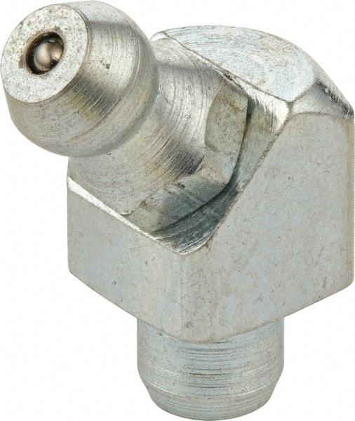 Umeta - 45° Head Angle, M8 Drive-In Steel Drive-In Grease Fitting - 9mm Hex, 20.5mm Overall Height, 5.5mm Shank Length, Zinc Plated Finish - USA Tool & Supply