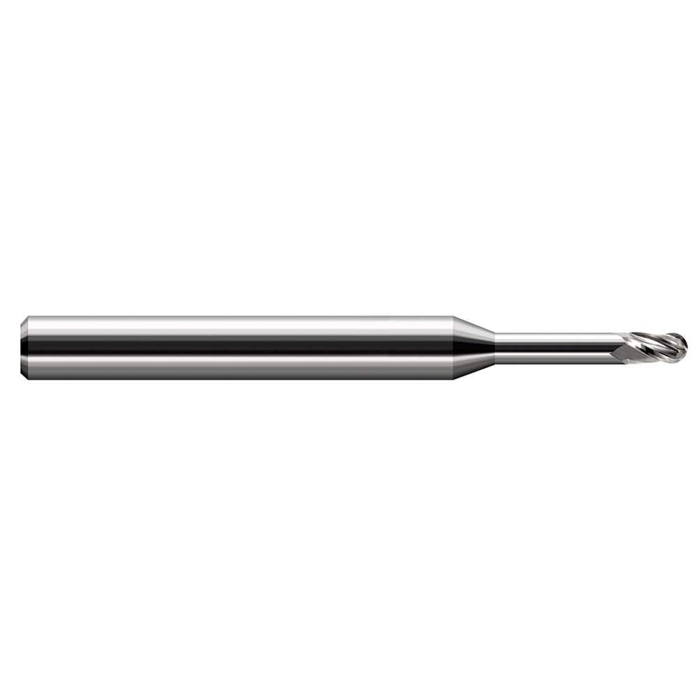 Ball End Mill: 0.06″ Dia, 0.09″ LOC, 3 Flute, Solid Carbide 2-1/2″ OAL, 1/8″ Shank Dia, 30 ° Helix, Uncoated, Single End