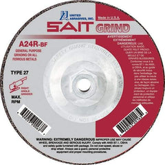 Sait - 24 Grit, 5" Wheel Diam, 1/4" Wheel Thickness, Type 27 Depressed Center Wheel - Aluminum Oxide, Resinoid Bond, R Hardness, 12,200 Max RPM, Compatible with Angle Grinder - USA Tool & Supply