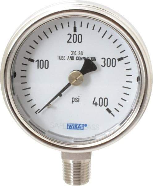 Wika - 2-1/2" Dial, 1/4 Thread, 0-400 Scale Range, Pressure Gauge - Lower Connection Mount, Accurate to 2-1-2% of Scale - USA Tool & Supply