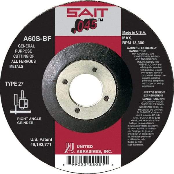 Sait - 60 Grit, 6" Wheel Diam, 7/8" Arbor Hole, Type 27 Depressed Center Wheel - Aluminum Oxide, Resinoid Bond, S Hardness, 10,200 Max RPM, Compatible with Angle Grinder - USA Tool & Supply