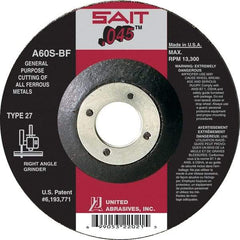 Sait - 60 Grit, 6" Wheel Diam, 7/8" Arbor Hole, Type 27 Depressed Center Wheel - Aluminum Oxide, Resinoid Bond, S Hardness, 10,200 Max RPM, Compatible with Angle Grinder - USA Tool & Supply
