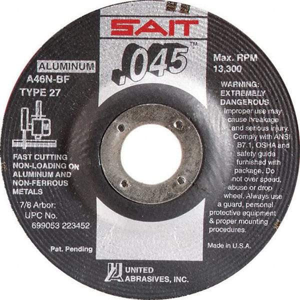 Sait - 46 Grit, 4-1/2" Wheel Diam, 7/8" Arbor Hole, Type 27 Depressed Center Wheel - Aluminum Oxide, Resinoid Bond, N Hardness, 13,300 Max RPM, Compatible with Angle Grinder - USA Tool & Supply