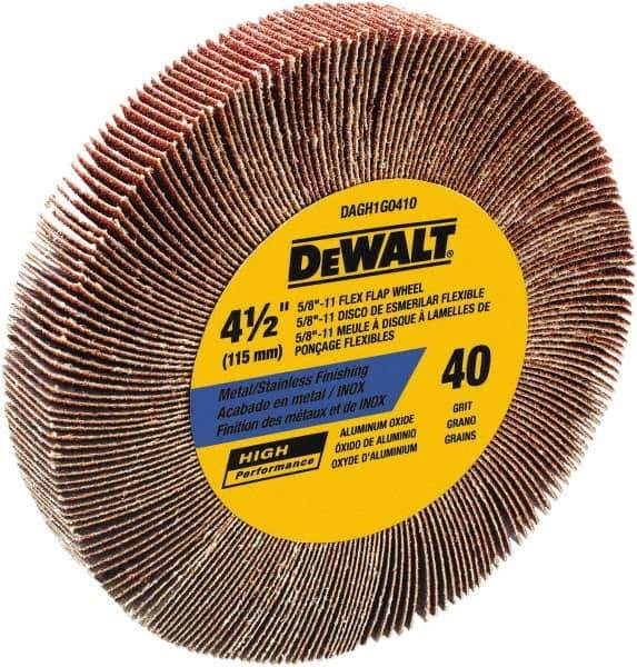 DeWALT - 4-1/2" Diam, 40 Grit Aluminum Oxide Unmounted Flap Wheel - 5/8-11 Thread, 1-1/8" Wide, Coated, Coarse Grade, 13,300 Max RPM - USA Tool & Supply
