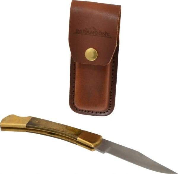 Paramount - 3-3/4" Blade, 8-1/2" OAL, Clip Point Folding Knife - 4-3/4" Closed Length, Wood, 1 Blade, Solid Brass Bolsters & Pins/Leather Sheath - USA Tool & Supply