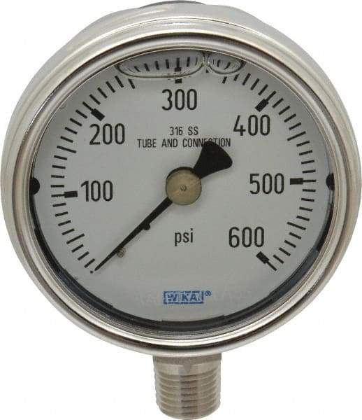 Wika - 2-1/2" Dial, 1/4 Thread, 0-600 Scale Range, Pressure Gauge - Lower Connection Mount, Accurate to 2-1-2% of Scale - USA Tool & Supply