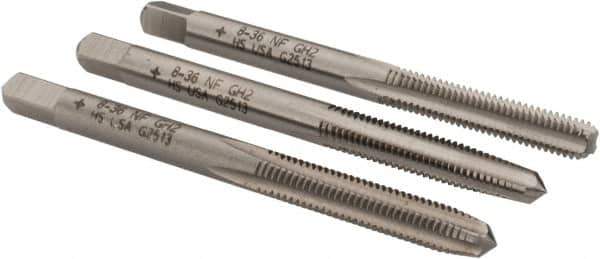 Cleveland - #8-36 UNF, 4 Flute, Bottoming, Plug & Taper, Bright Finish, High Speed Steel Tap Set - Right Hand Cut, 2-1/8" OAL, 0.38" Thread Length - USA Tool & Supply