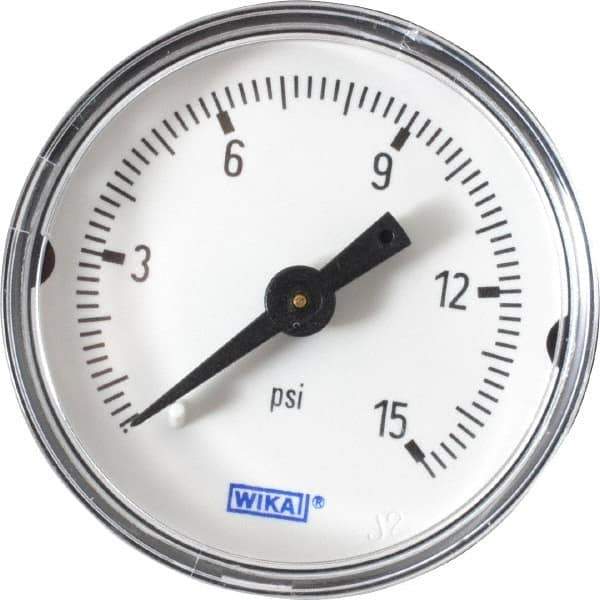 Wika - 1-1/2" Dial, 1/8 Thread, 0-15 Scale Range, Pressure Gauge - Center Back Connection Mount, Accurate to 3-2-3% of Scale - USA Tool & Supply