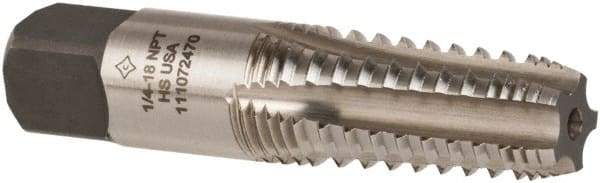 Cleveland - 1/4-18 NPT, 4 Flutes, Bright Finish, High Speed Steel, Interrupted Thread Pipe Tap - 2-7/16 Inch Overall Length, 9/16 Inch Shank Diameter, 1-1/16 Inch Thread Length, 0.42 Inch Square Size, Regular Hook, Plug Chamfer - Exact Industrial Supply