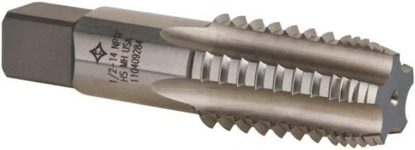 Cleveland - 1/2-14 NPTF, 4 Flutes, Bright Finish, High Speed Steel, Interrupted Thread Pipe Tap - 3-1/8 Inch Overall Length, 11/16 Inch Shank Diameter, 1-3/8 Inch Thread Length, 0.51 Inch Square Size, Regular Hook, Plug Chamfer - USA Tool & Supply