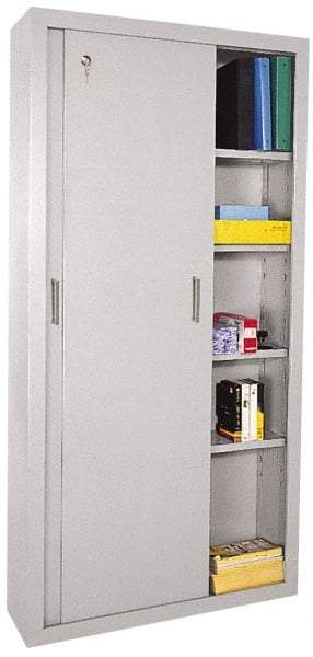 Sandusky Lee - 5 Shelf Sliding Door Storage Cabinet - Steel, 36" Wide x 18" Deep x 72" High, Light Gray - USA Tool & Supply