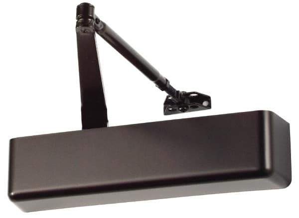 Falcon - Push & Pull Side Mount, Medium Duty Multi Size ADA Compliant Door Closer Full Cover Power Operated Damper - Nonhanded, Dark Bronze Finish - USA Tool & Supply