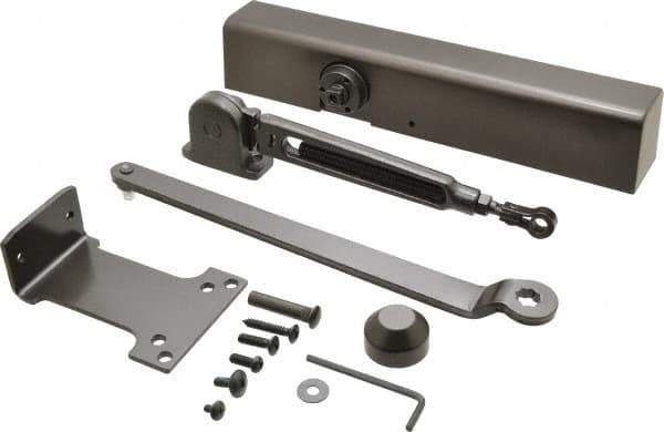 Falcon - Push & Pull Side Mount, Medium Duty Multi Size Hold Open Door Closer Full Cover Power Operated Damper - Nonhanded, Dark Bronze Finish - USA Tool & Supply