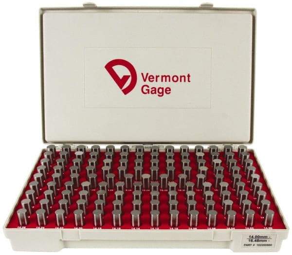 Vermont Gage - 125 Piece, 14-16.48 mm Diameter Plug and Pin Gage Set - Minus 0.01 mm Tolerance, Class ZZ - USA Tool & Supply