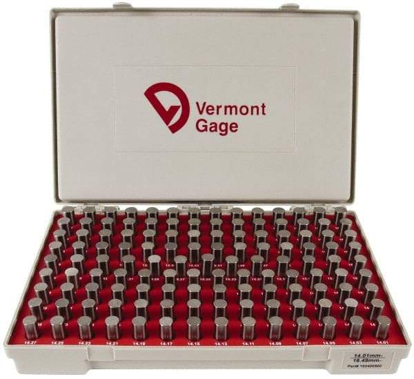 Vermont Gage - 125 Piece, 14.01-16.49 mm Diameter Plug and Pin Gage Set - Minus 0.01 mm Tolerance, Class ZZ - USA Tool & Supply