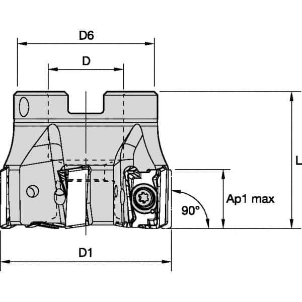 Kennametal - 10 Inserts, 6" Cut Diam, 2" Arbor Diam, 15.5mm Max Depth of Cut, Indexable Square-Shoulder Face Mill - 0° Lead Angle, 60.45mm High, LNGU15T608SRGE Insert Compatibility, Through Coolant, Series MILL 4-15 - USA Tool & Supply