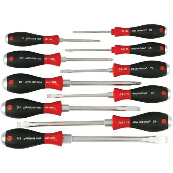 Wiha - 10 Piece Slotted & Phillips Screwdriver Set - Bit Sizes: Philips #1, #2 & #3, Comes in Box - USA Tool & Supply