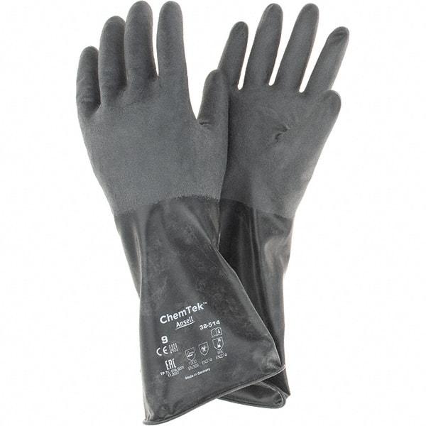 Ansell - 14 mil Thick, Chemical Resistant Gloves - SZ 9 14"14ML BLK 1/PR CHEM-TEK RGH FIN CHEM GLV - USA Tool & Supply