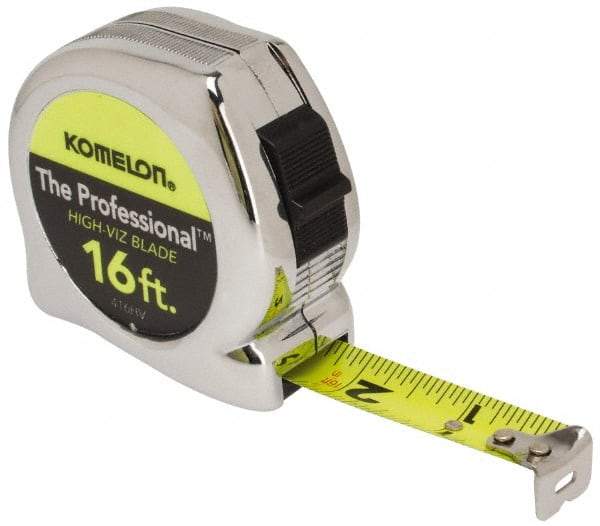 Komelon - 16' x 3/4" Yellow Blade Tape Measure - 1/16" Graduation, Inch Graduation Style, Silver Case - USA Tool & Supply